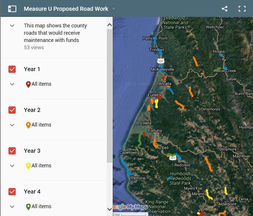 Map showing where road work would occur using Measure U funds